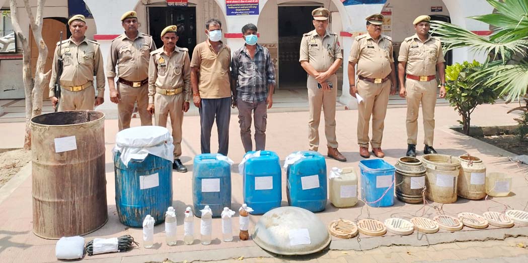 Illegal liquor distillery operating in the forest; two accused arrested with 220 liters of raw liquor and urea.